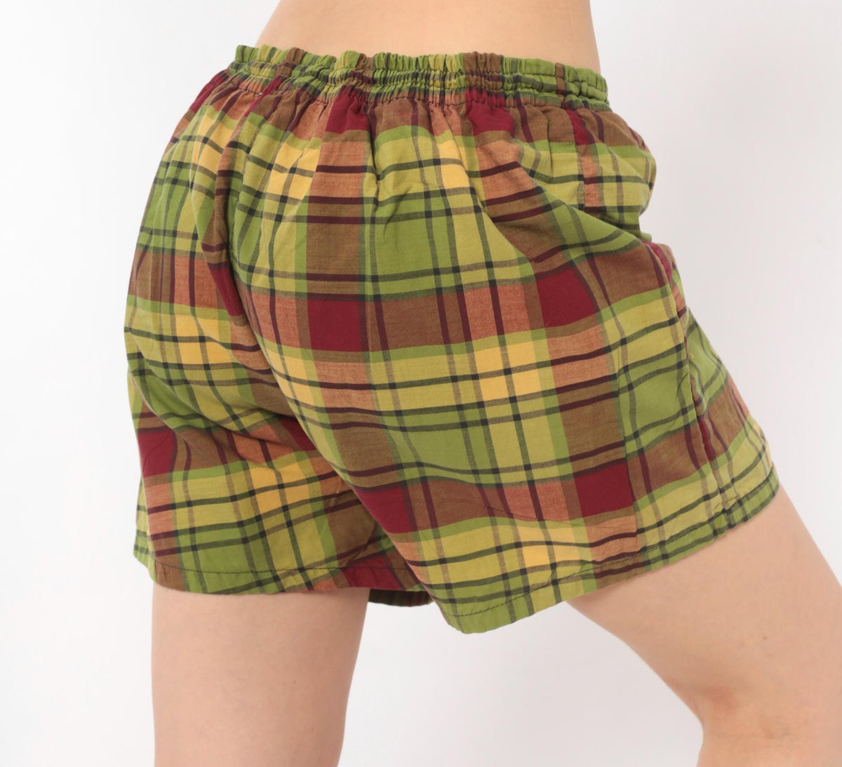 70s Plaid Swim Shorts Olive Burgundy Tartan Cotton Unisex Medium