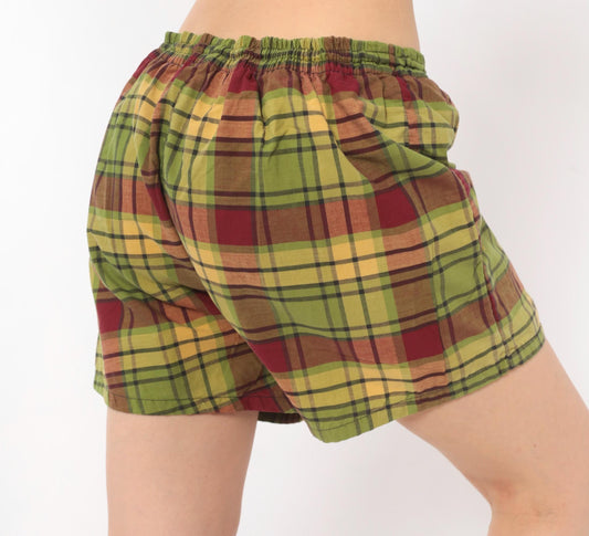 70s Plaid Swim Shorts Olive Burgundy Tartan Cotton Unisex Medium