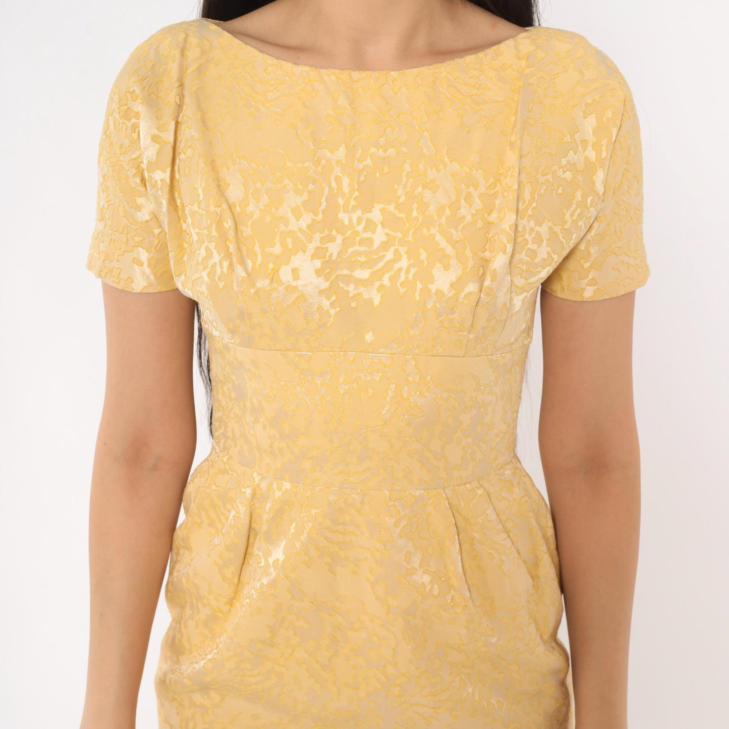 60s Gold Jacquard Sheath Dress Boat Neck Brocade Pencil Skirt Extra Small XS