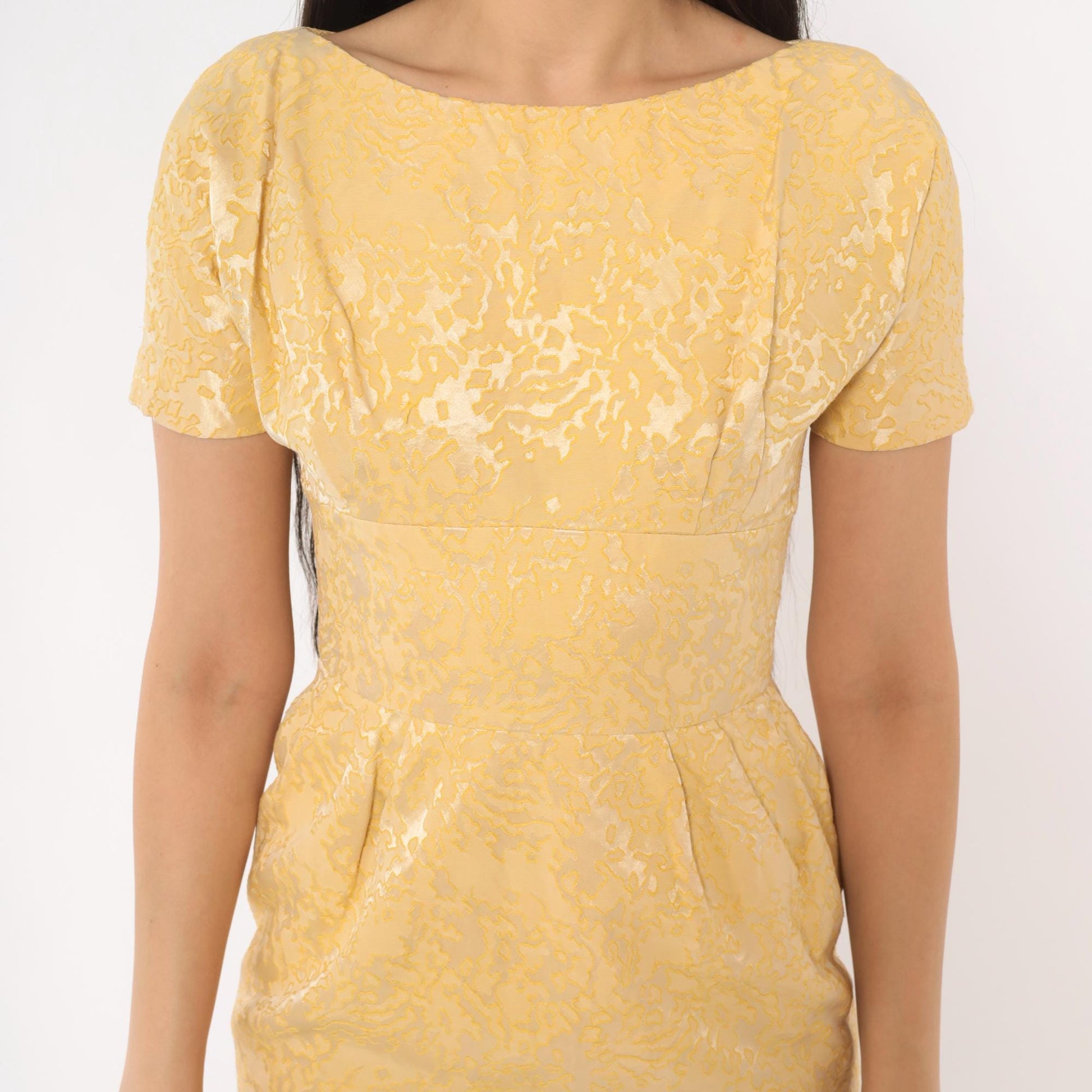 60s Gold Jacquard Sheath Dress Boat Neck Brocade Pencil Skirt Extra Small XS
