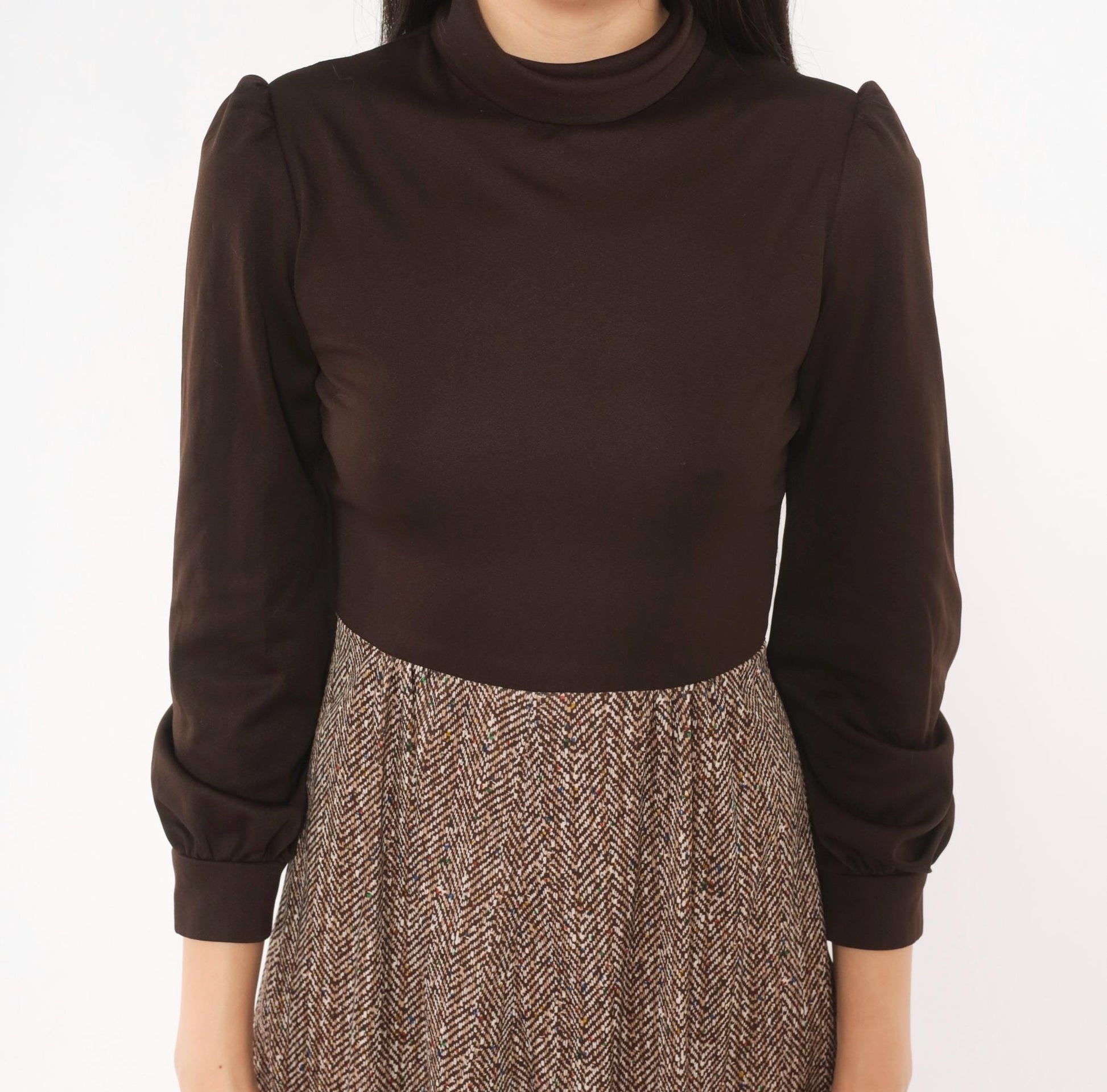 70s Brown Herringbone A-Line Dress Puff Sleeve Turtleneck Extra Small XS