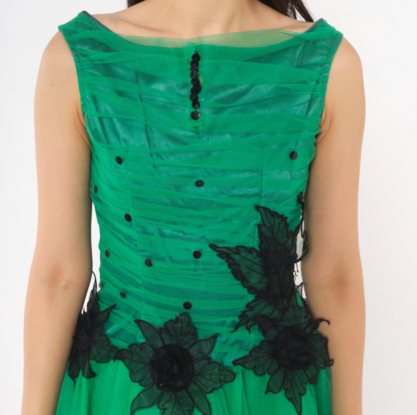 80s Emerald Green Fit Flare Party Dress Sequin Tulle High-Low Black Floral XS