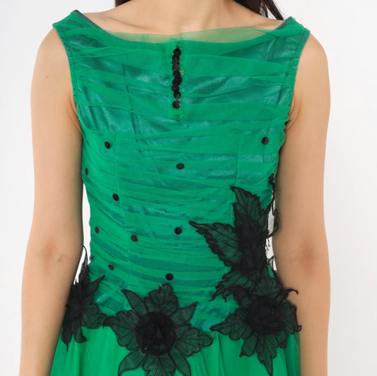 80s Emerald Green Fit Flare Party Dress Sequin Tulle High-Low Black Floral XS