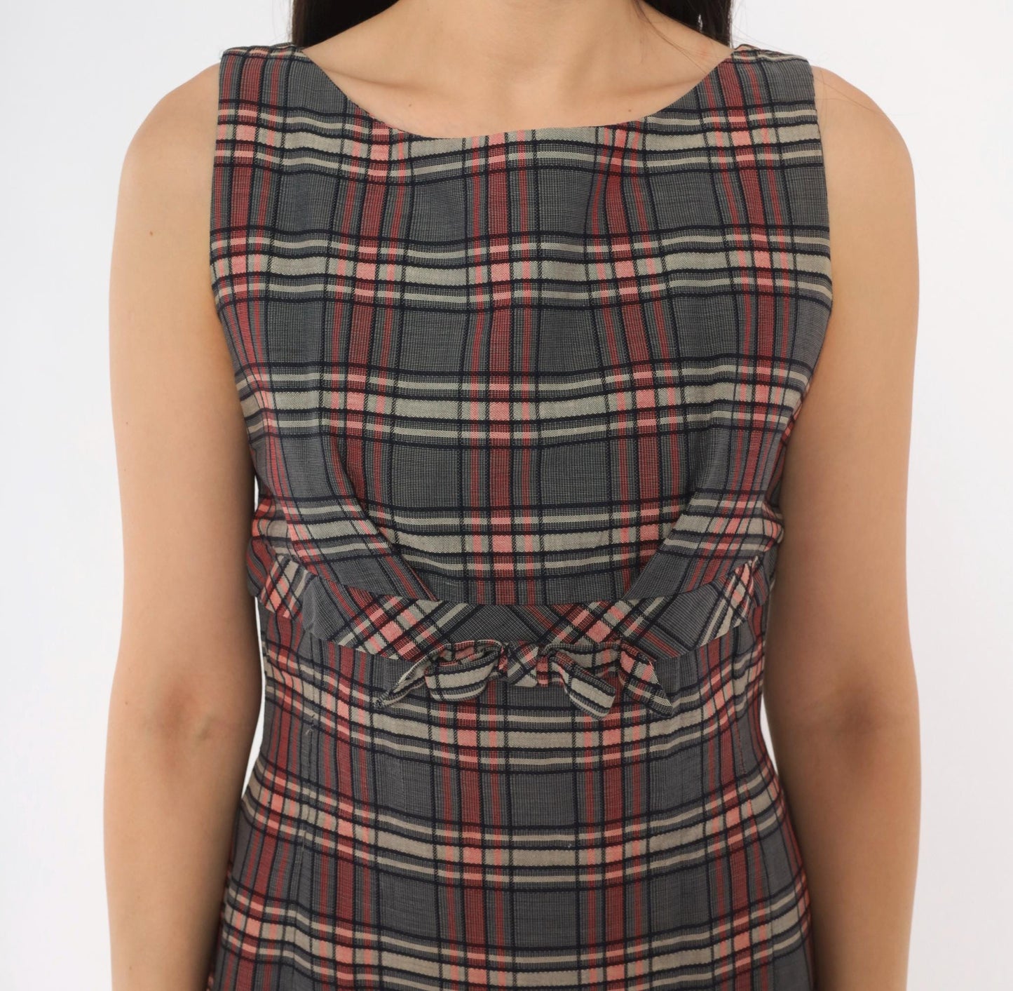 60s Plaid Mini Dress Grey Red Tartan Sleeveless Bow Empire Waist XS