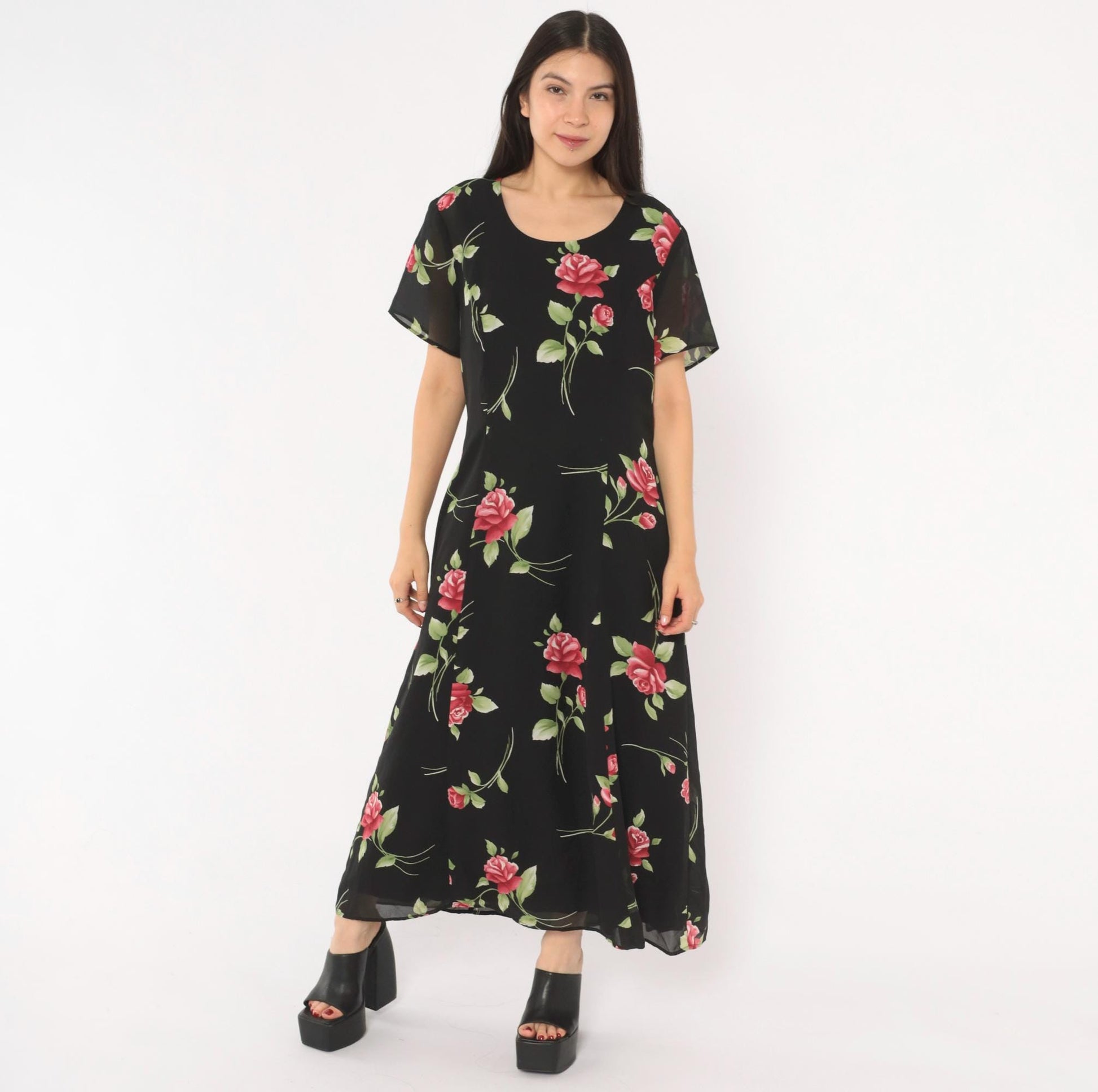 90s Black Rose Maxi Dress Floral Chiffon Scoop Neck A-Line Medium M