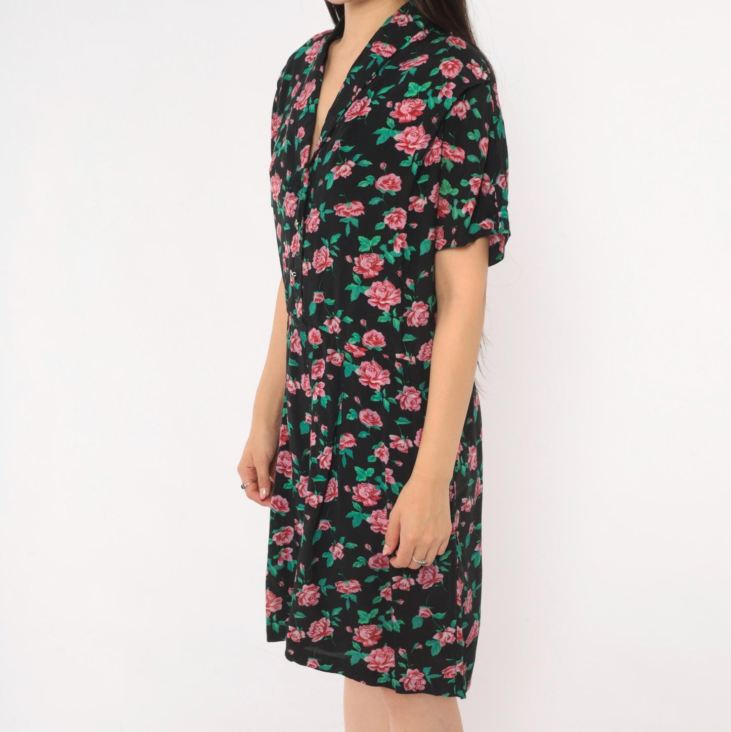 90s All That Jazz Floral Romper Black Pink Rose Print V-Neck Small S