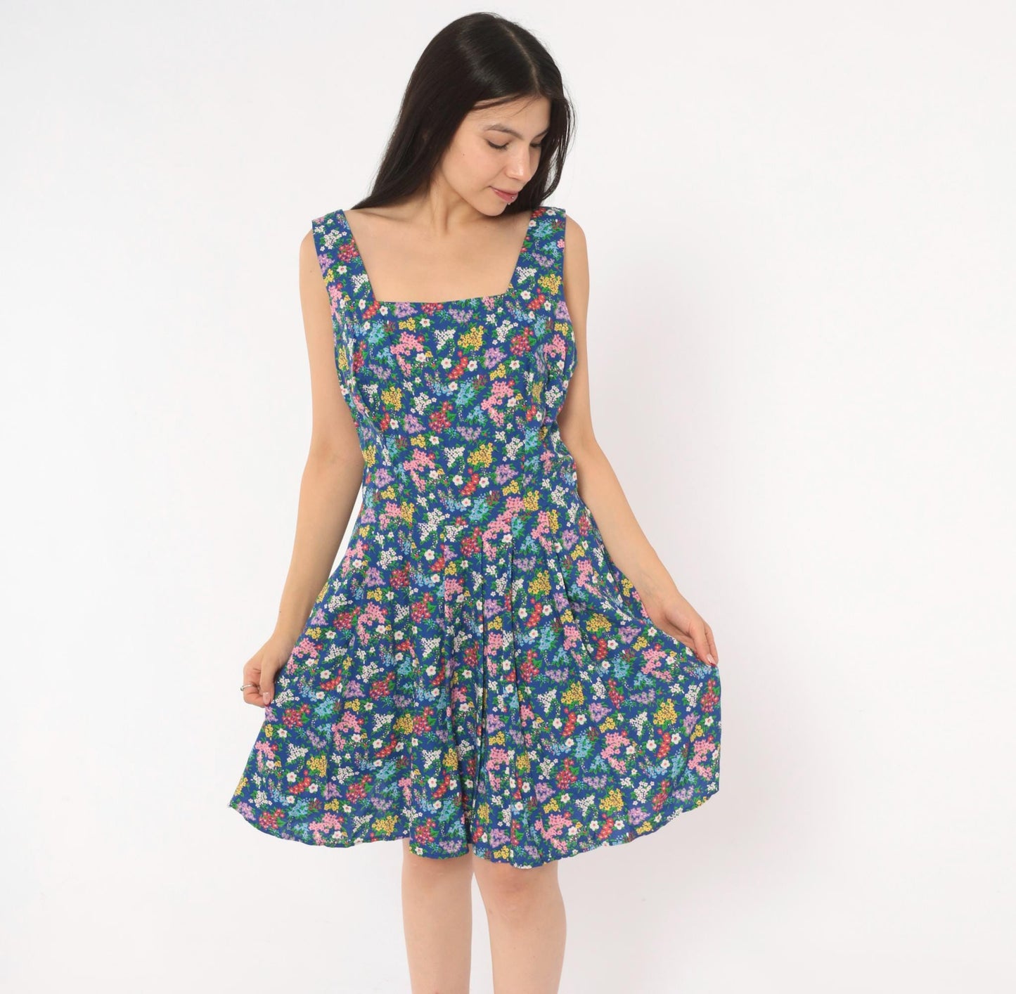 90s Liz Claiborne Floral Sundress Blue Pink Garden Print Mini Medium M