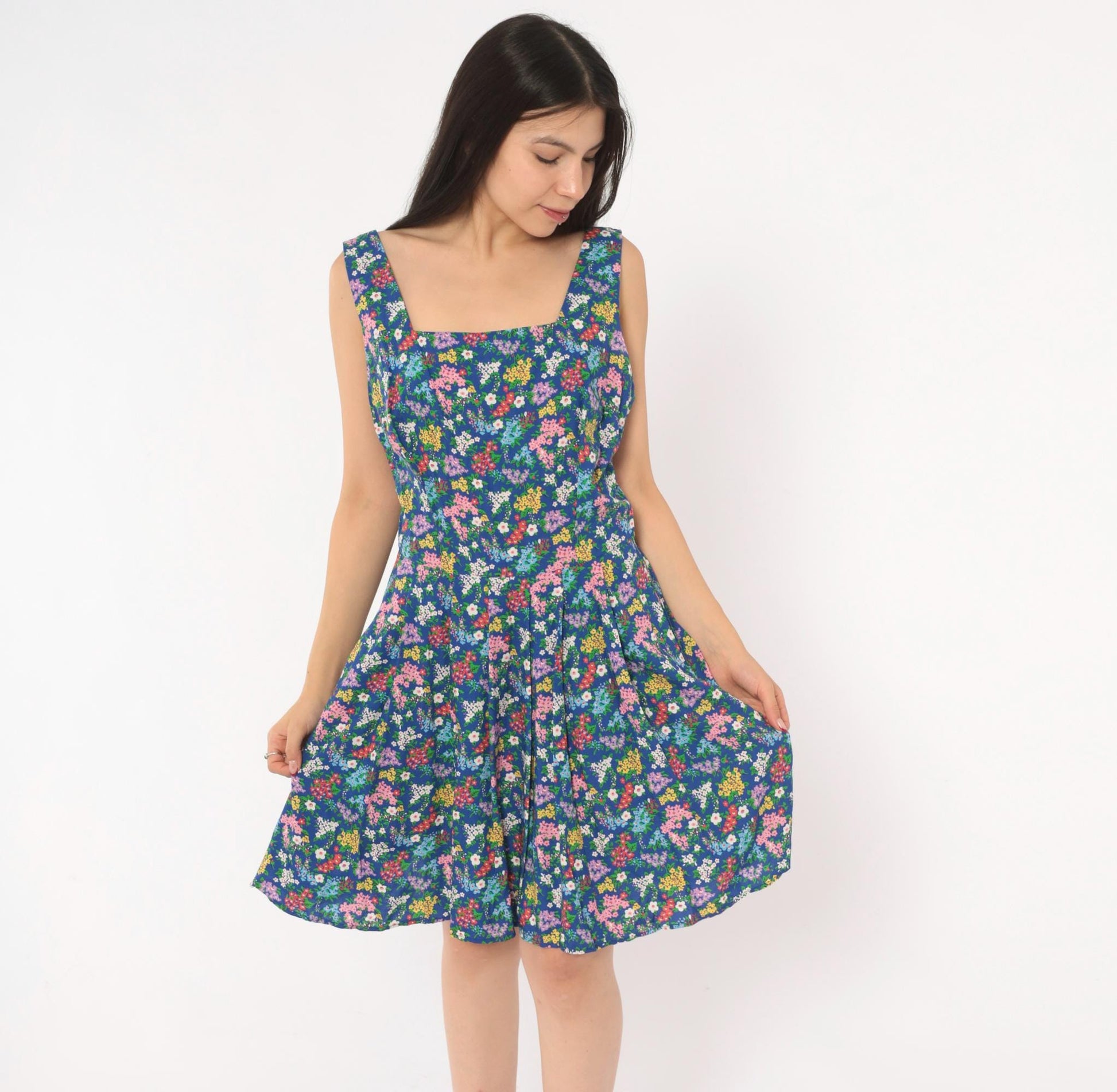 90s Liz Claiborne Floral Sundress Blue Pink Garden Print Mini Medium M