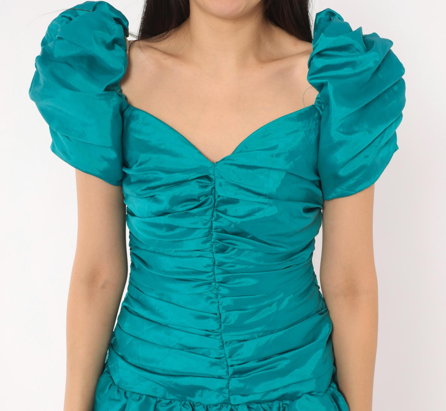 80s Teal Prom Dress Puff Sleeve Sweetheart Neckline Tiered Ruffle Skirt Small S