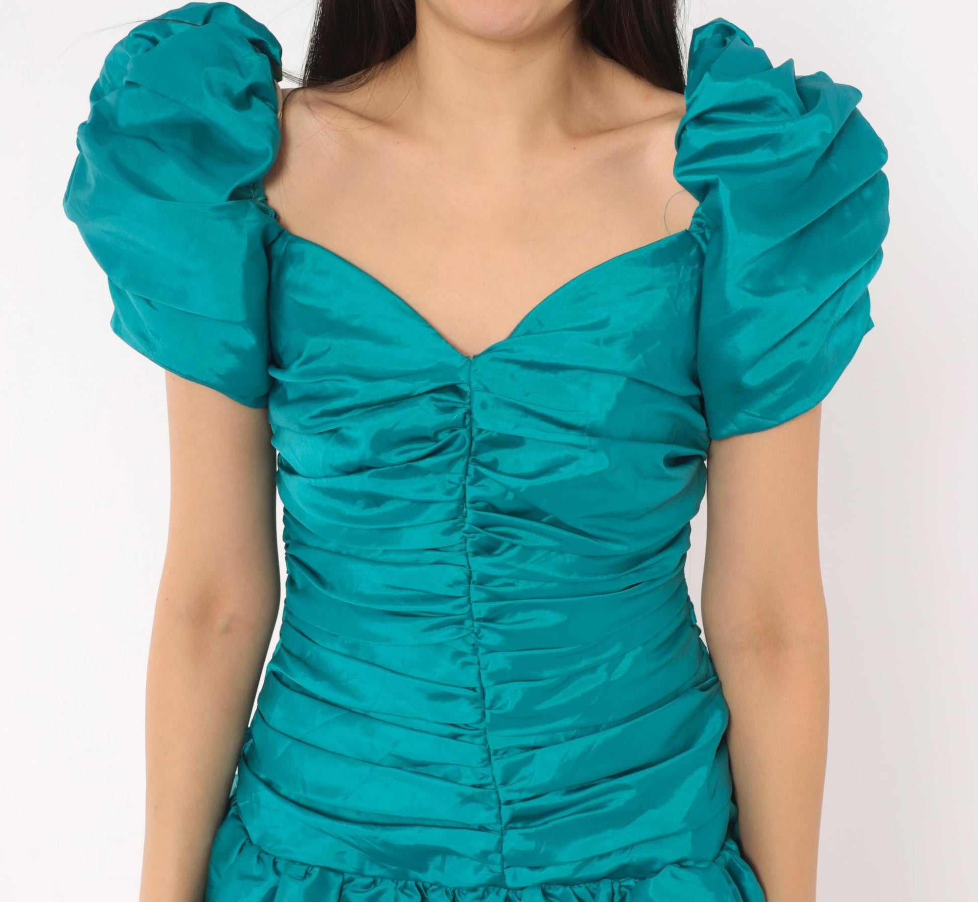 80s Teal Prom Dress Puff Sleeve Sweetheart Neckline Tiered Ruffle Skirt Small S