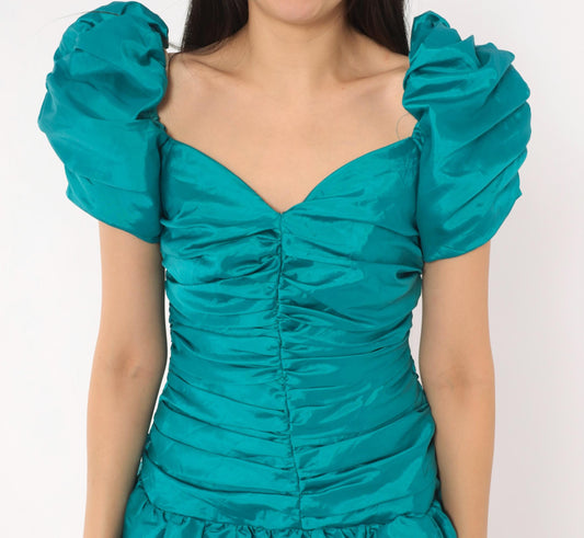 80s Teal Prom Dress Puff Sleeve Sweetheart Neckline Tiered Ruffle Skirt Small S
