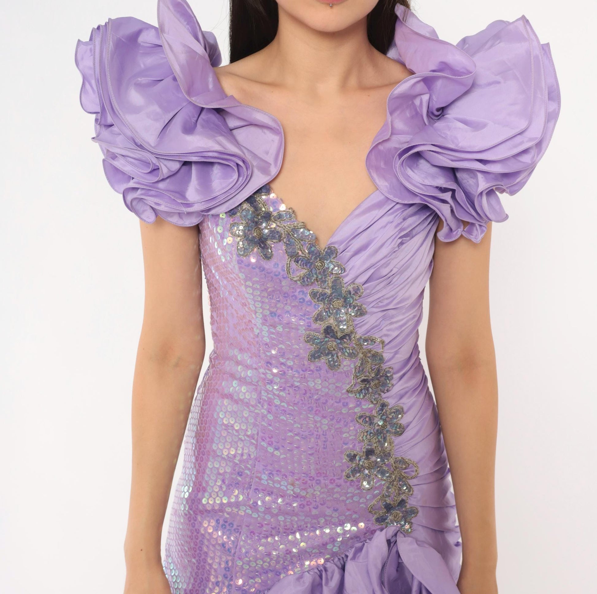 80s Alyce Designs Lilac Sequin Prom Dress Sweetheart Neckline Mermaid Hem Extra Small XS
