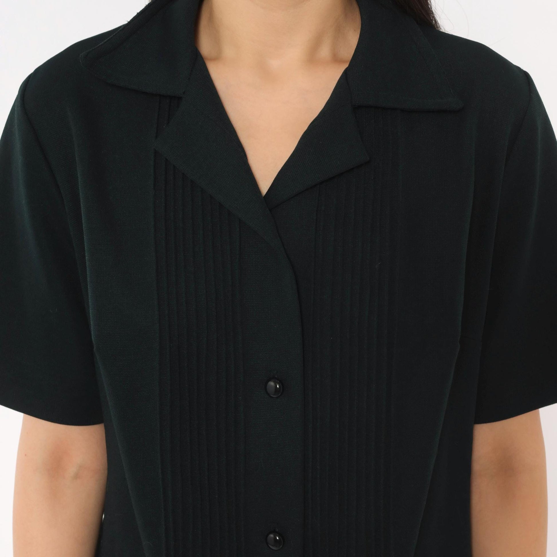 70s Black Pintuck Shirtdress Button Front Notched Collar Knee Length Large L