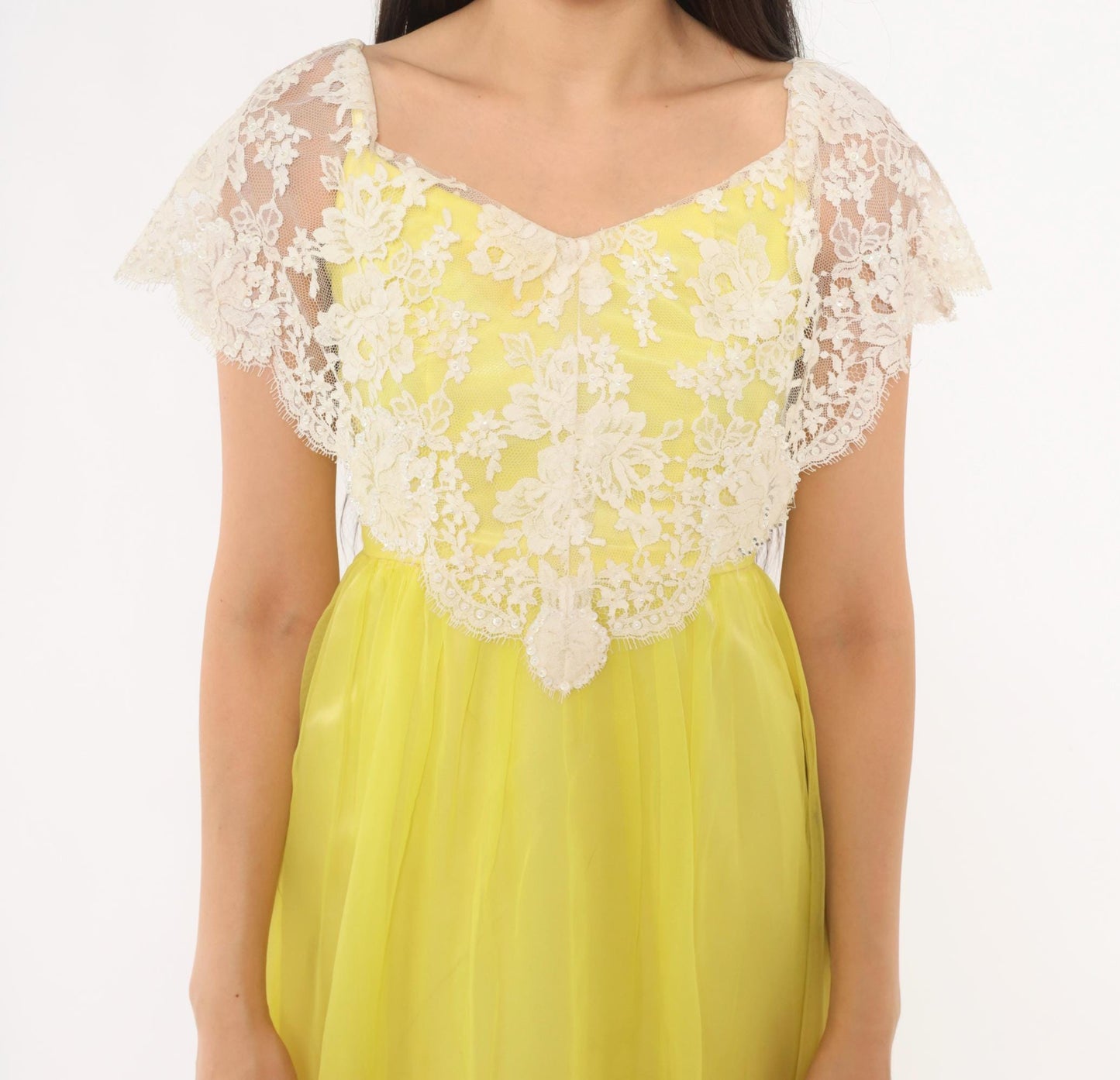 70s Yellow Chiffon Maxi Dress White Lace Overlay Empire Waist V Neck Extra Small XS