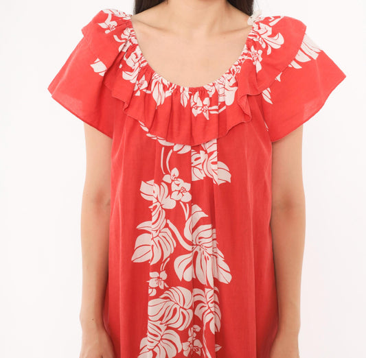 80s Hilo Hattie Hawaiian Muumuu Red Monstera Floral Maxi Dress Large