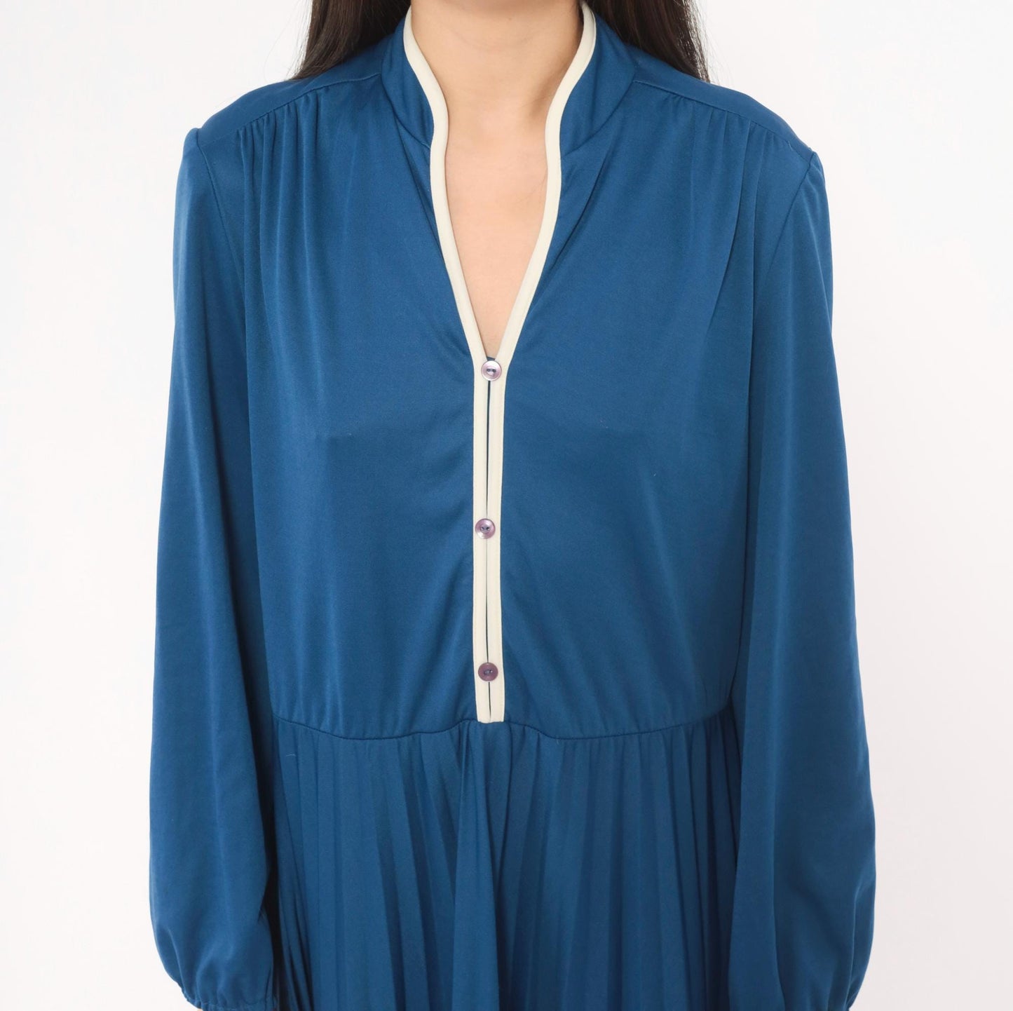 70s Navy Blue Pleated Dress Stand Collar Button Front Balloon Sleeve Large L