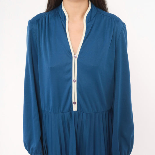 70s Navy Blue Pleated Dress Stand Collar Button Front Balloon Sleeve Large L