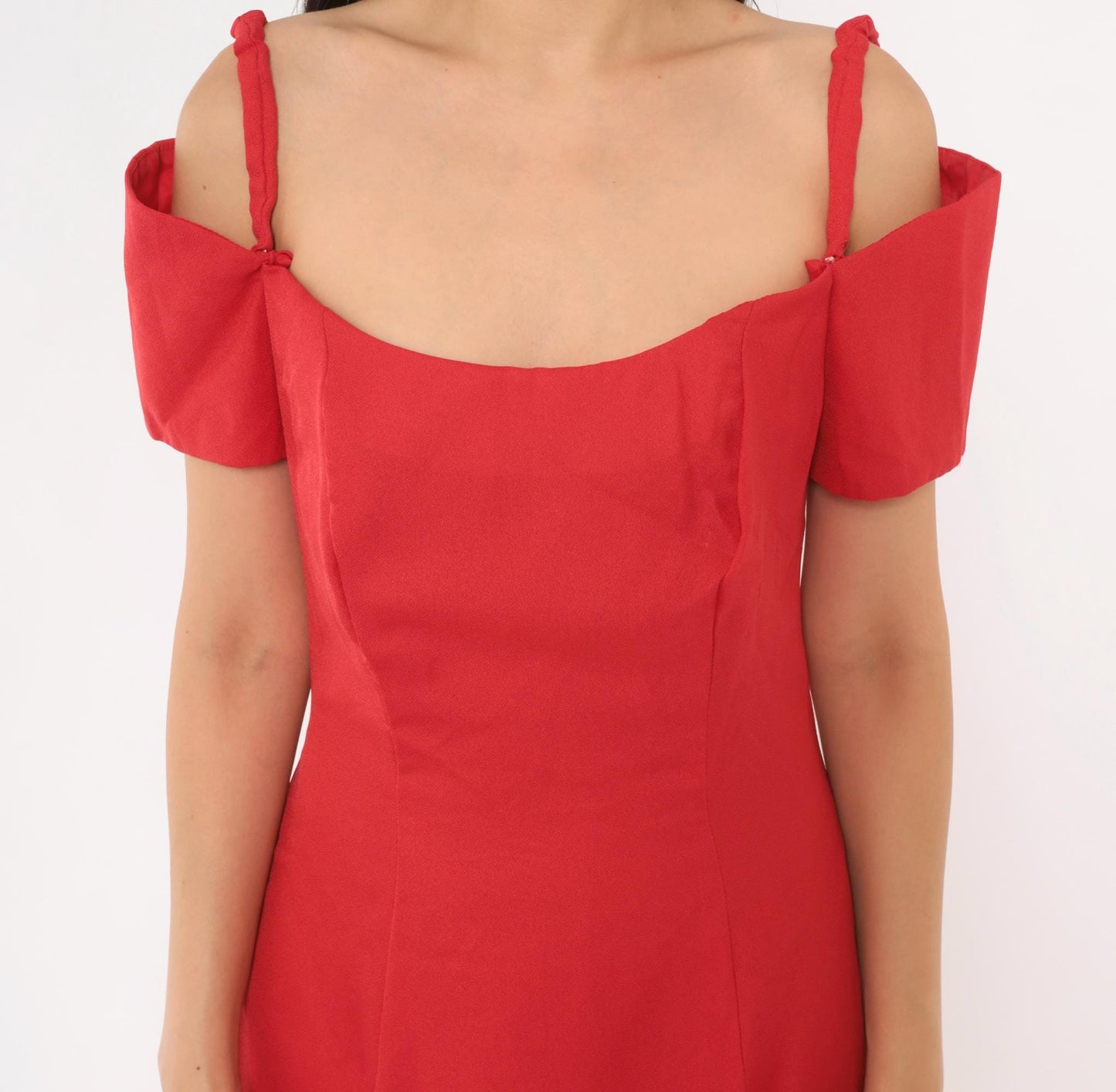 90s Red Off-Shoulder Maxi Gown Spaghetti Strap Bow Back Medium M