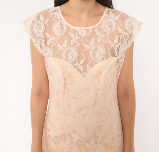 80s Peach Lace Midi Dress Drop Waist Sweetheart Neckline Cap Sleeve Small S