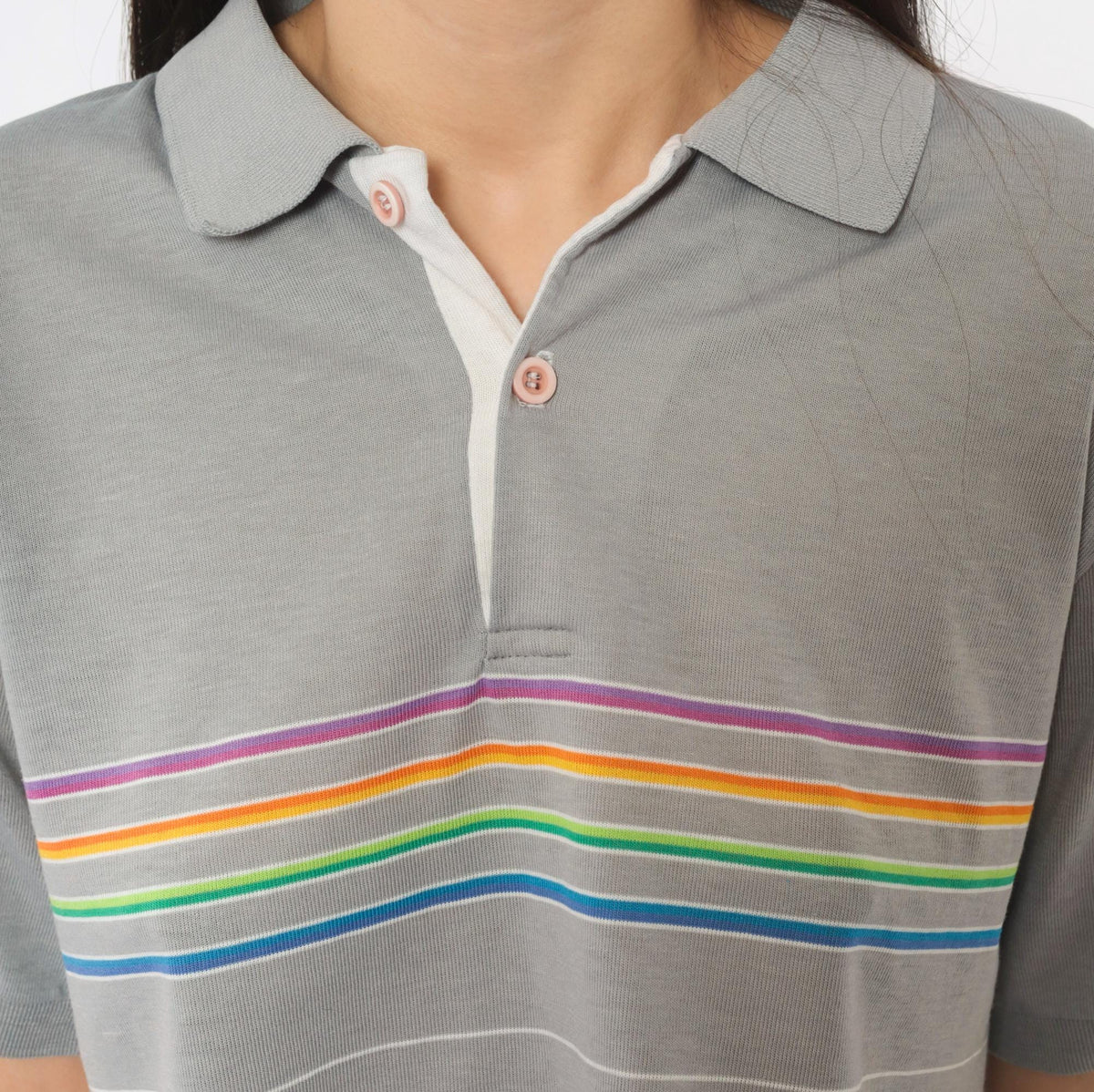 80s Rainbow Stripe Crop Polo Grey Cotton Short Sleeve Medium M
