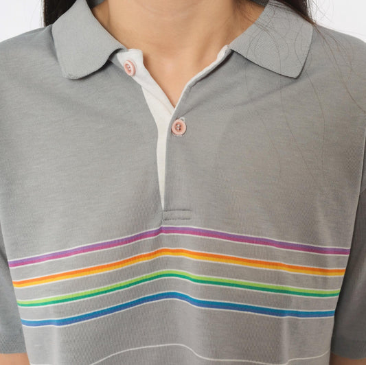 80s Rainbow Stripe Crop Polo Grey Cotton Short Sleeve Medium M