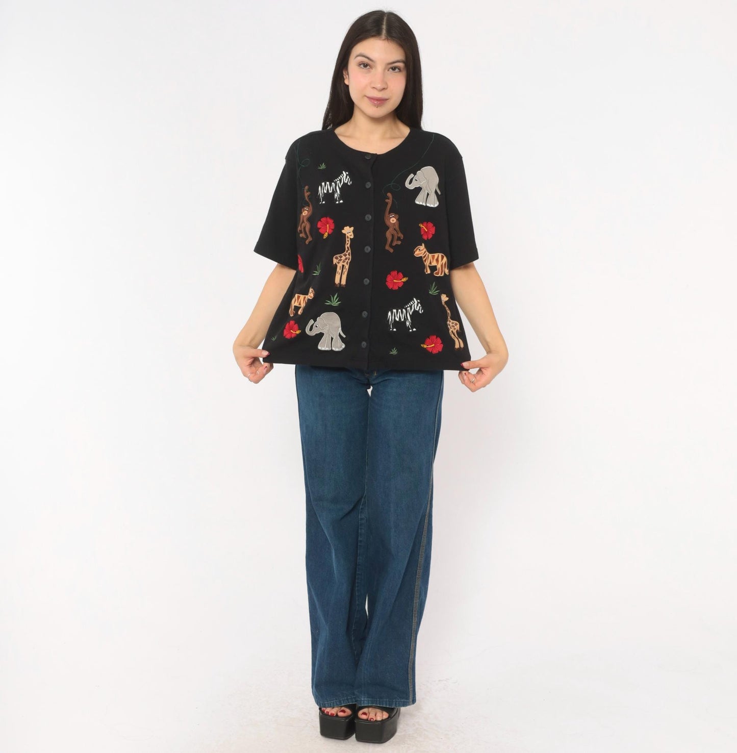 90s Bechamel Safari Animal Applique Cardigan Black Cotton Button Front Large L