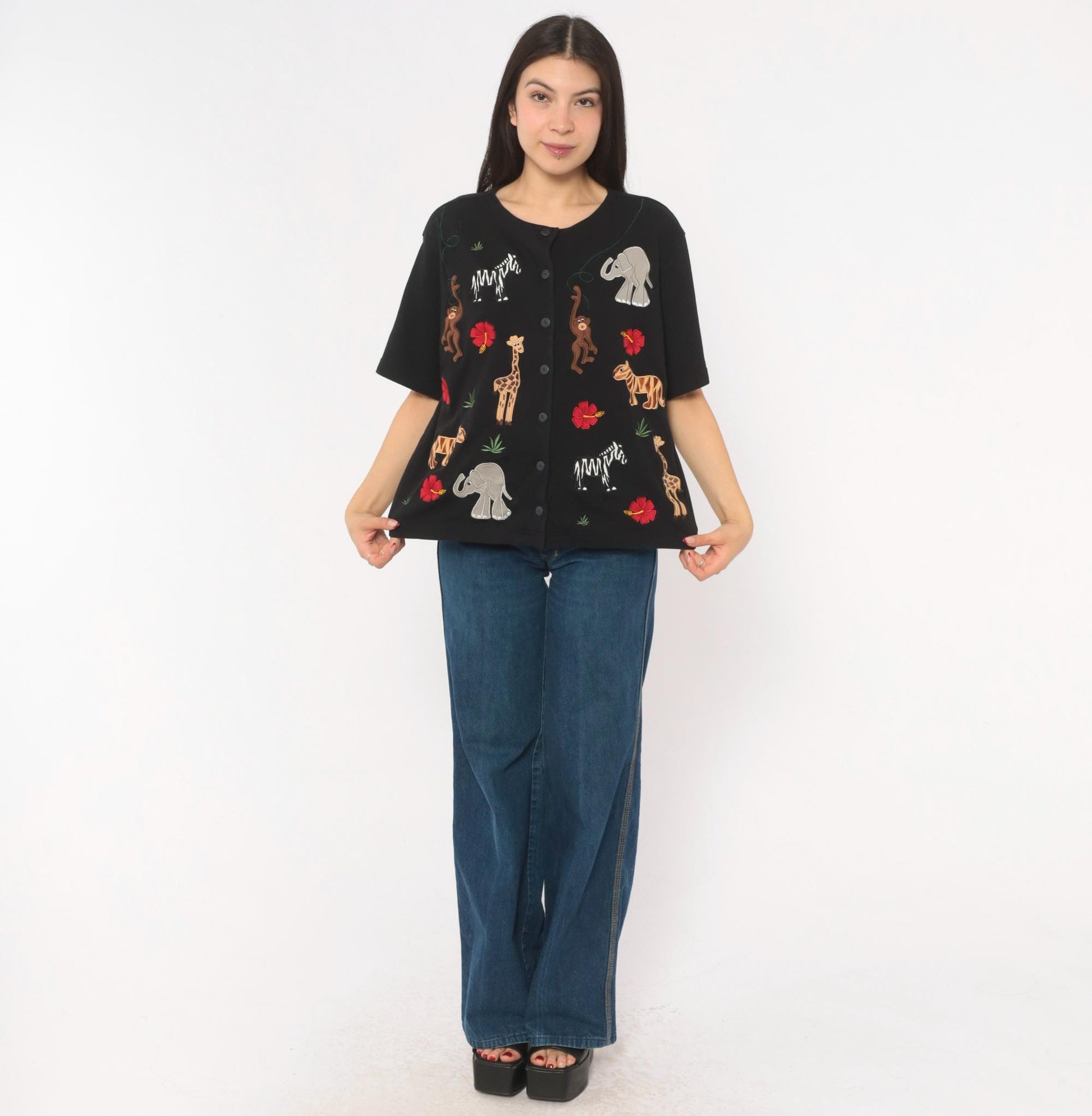 90s Bechamel Safari Animal Applique Cardigan Black Cotton Button Front Large L