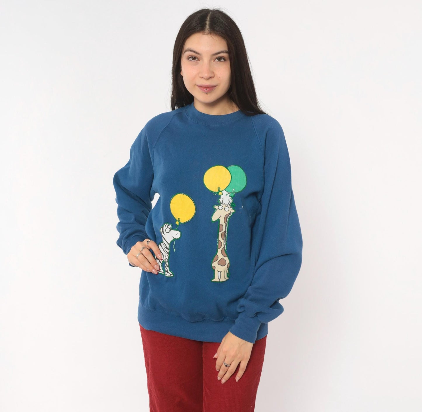 90s Jerzees Zebra Giraffe Balloon Sweatshirt Blue Raglan Applique Cotton Large