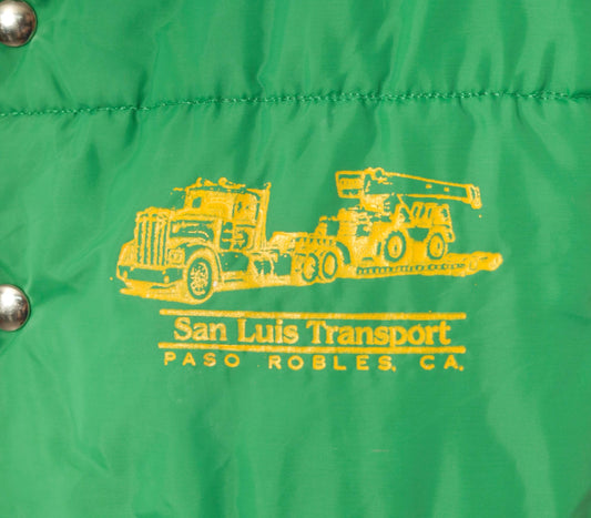 80s Green Puffer Vest San Luis Transport Graphic Snap Front Quilted Medium