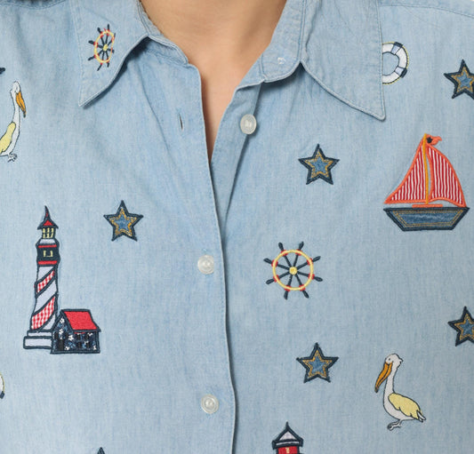 90s Karen Scott Nautical Embroidered Chambray Crop Top Blue Small