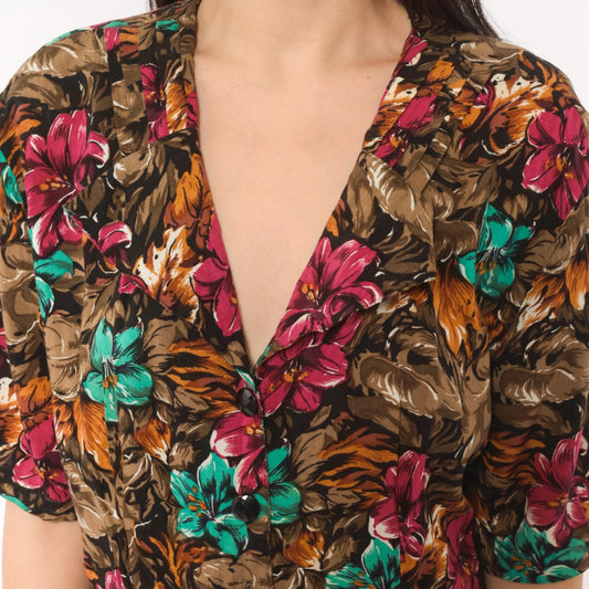 90s Joni Blair Floral Romper Tropical Print Short Sleeve Medium M