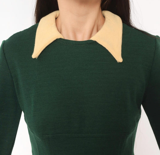 1960s Mod Mini Dress Olive Wool Pointed Collar Cream Long Sleeve Small