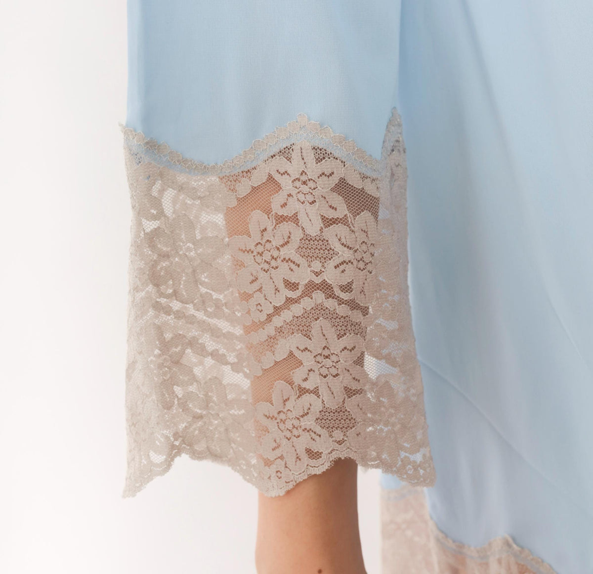 70s Sky Blue Lace Trim Mini Slip Dress Scalloped Bell Sleeve Keyhole Back XS