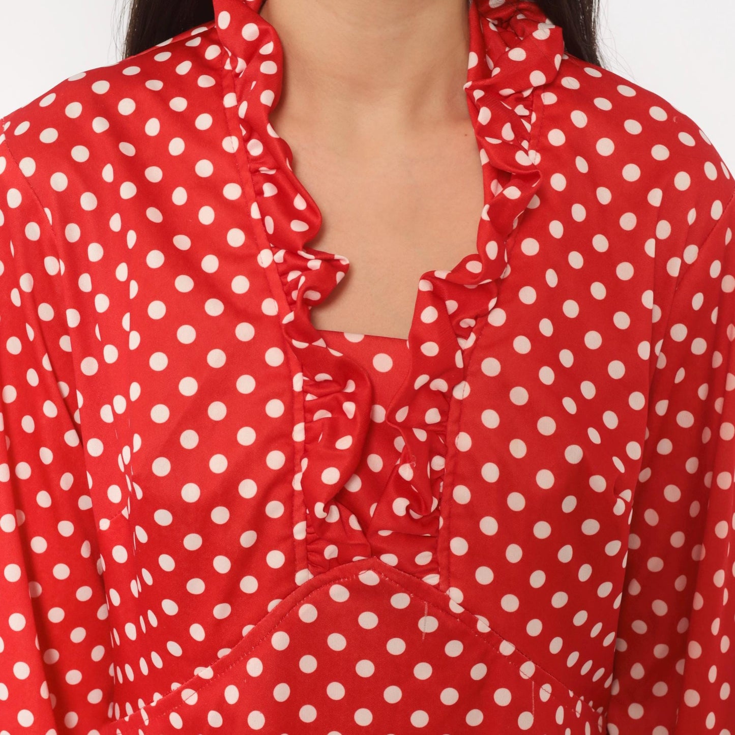 70s Red White Polka Dot Dress Long Sleeve V Neck Ruffle A Line Large