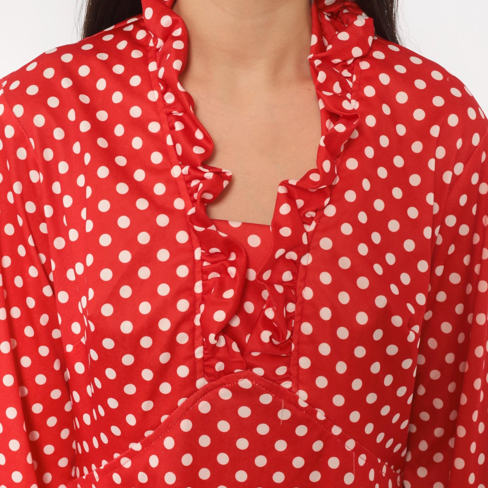 70s Red White Polka Dot Dress Long Sleeve V Neck Ruffle A Line Large