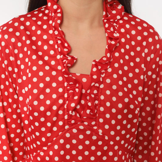 70s Red White Polka Dot Dress Long Sleeve V Neck Ruffle A Line Large