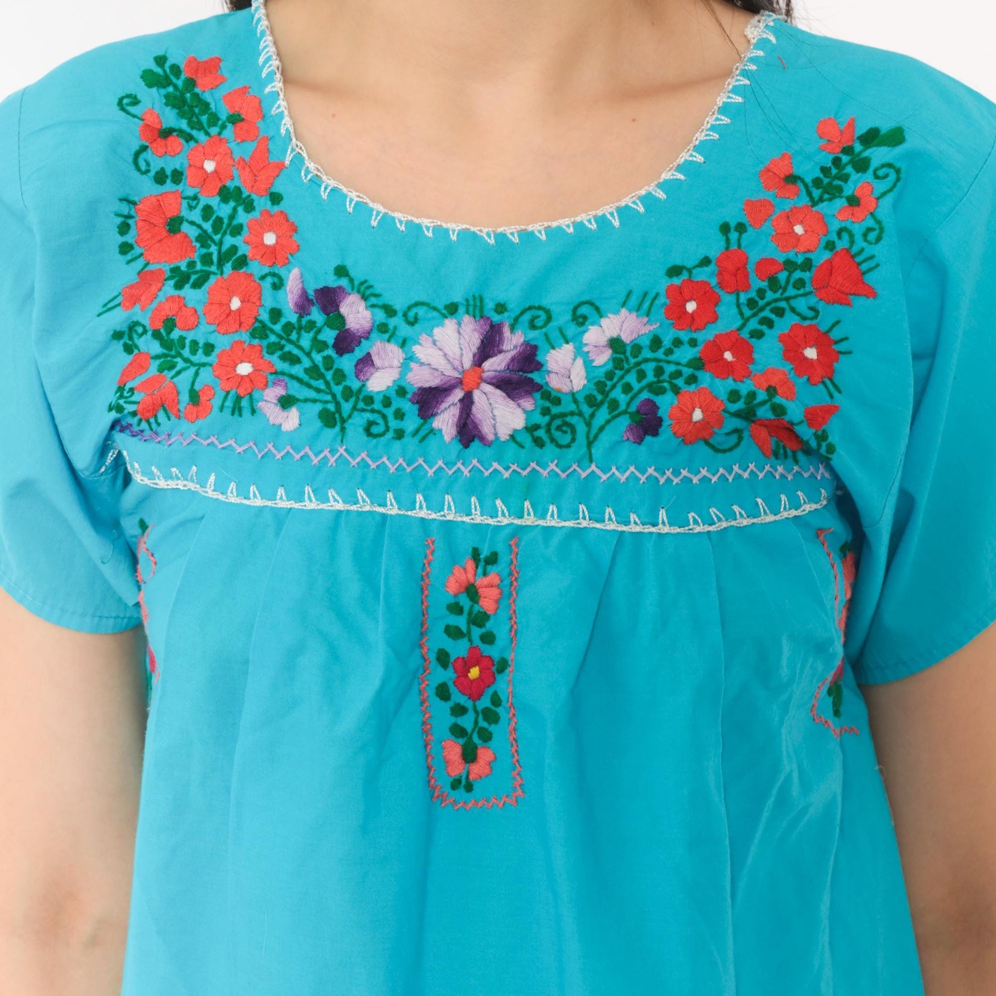 1970s Mexican Puebla Embroidered Cotton Dress Turquoise Floral Mini Extra Small