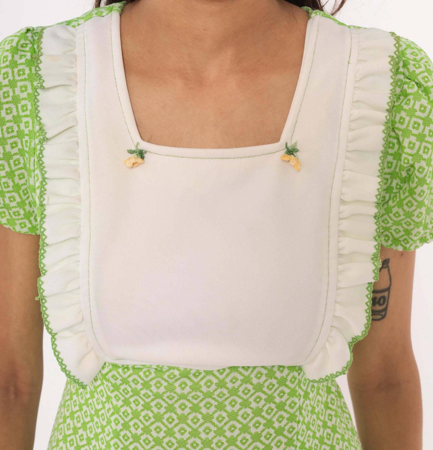 70s Green White Diamond Mini Dress Puff Sleeve Square Neck Ruffled Bib Extra Small