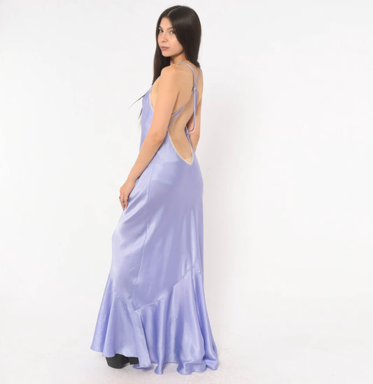 90s Lucie Ann Lavender Slip Gown Open Back Satin Lace Small