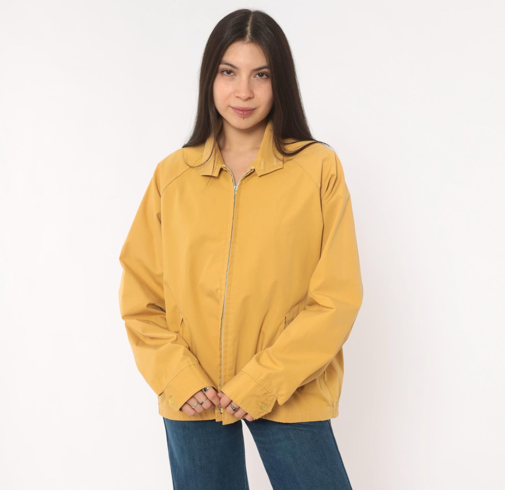 80s Mustard Harrington Jacket Zip Front Cotton Windbreaker Unisex Medium