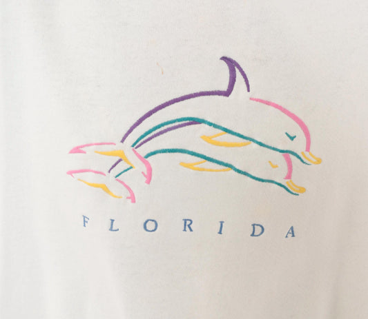 90s Florida Dolphin Graphic Sweatshirt White Crewneck Cotton Pullover Large L