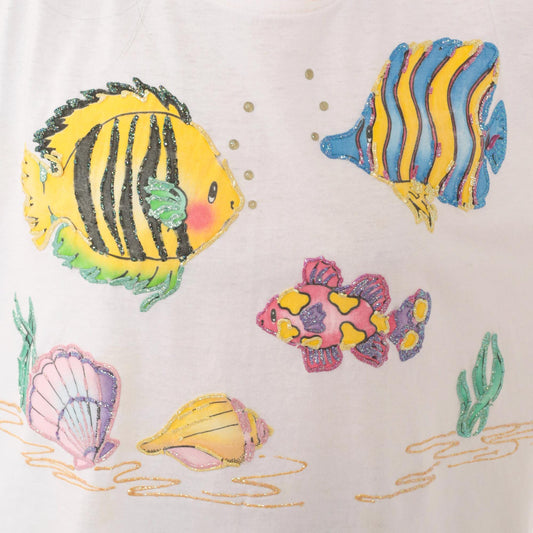 90s Decosport Tropical Fish Underwater Crew Neck Tee White Puff Paint Large L