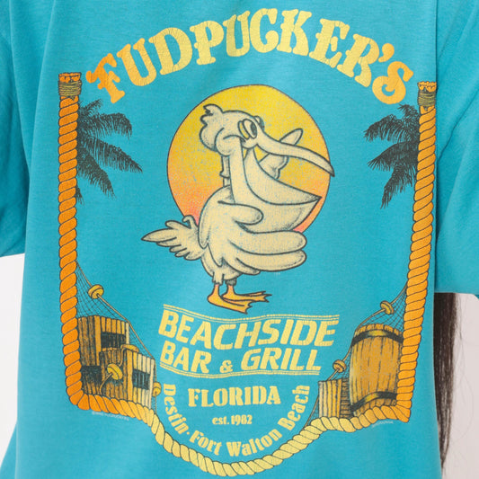 90s Fudpuckers Florida Teal Graphic Tee Pelican Bar Grill Screen Stars Large
