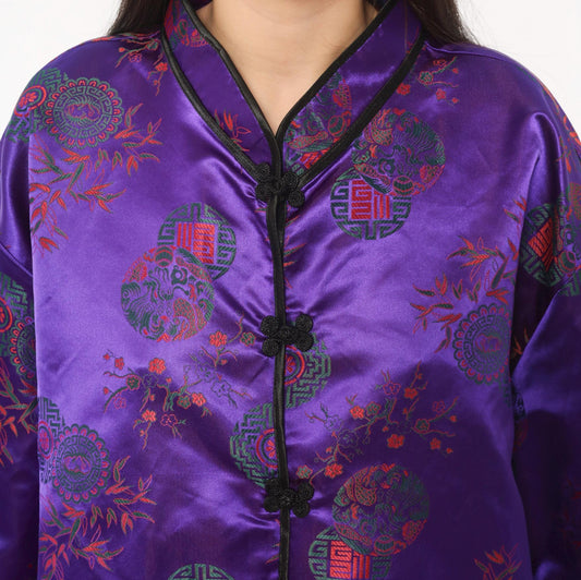 90s Purple Brocade Jacket Mandarin Collar Frog Button Chinese Satin Extra Large XL