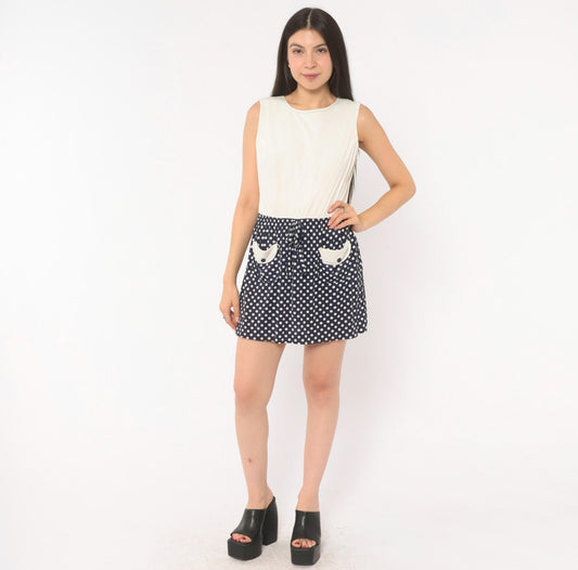 60s Jerell Two-Tone Polka Dot Mini Dress Navy Cream Mod Shift Medium M