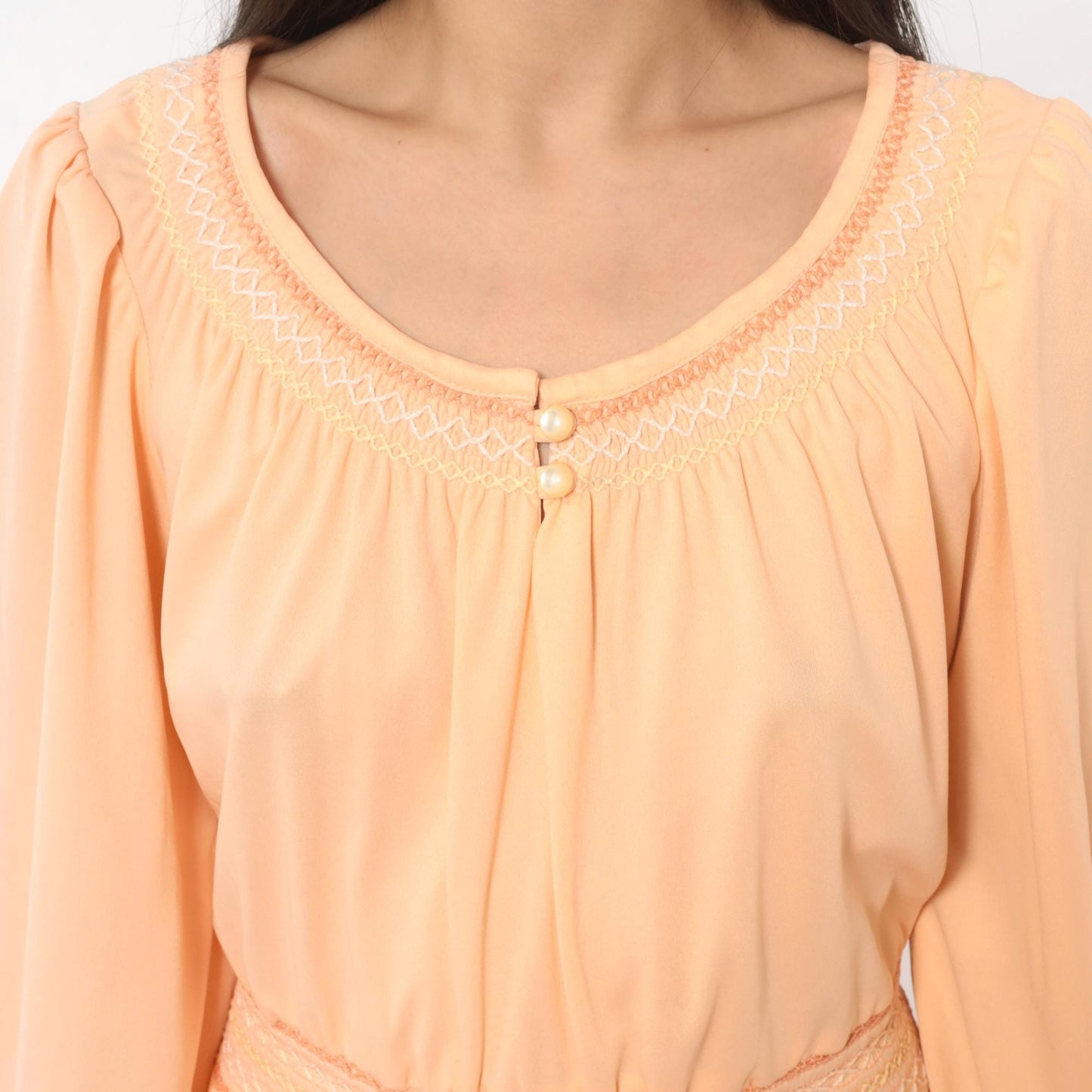 70s Peach Peasant Dress Puff Sleeve Smocked Embroidery Knee Length Large L