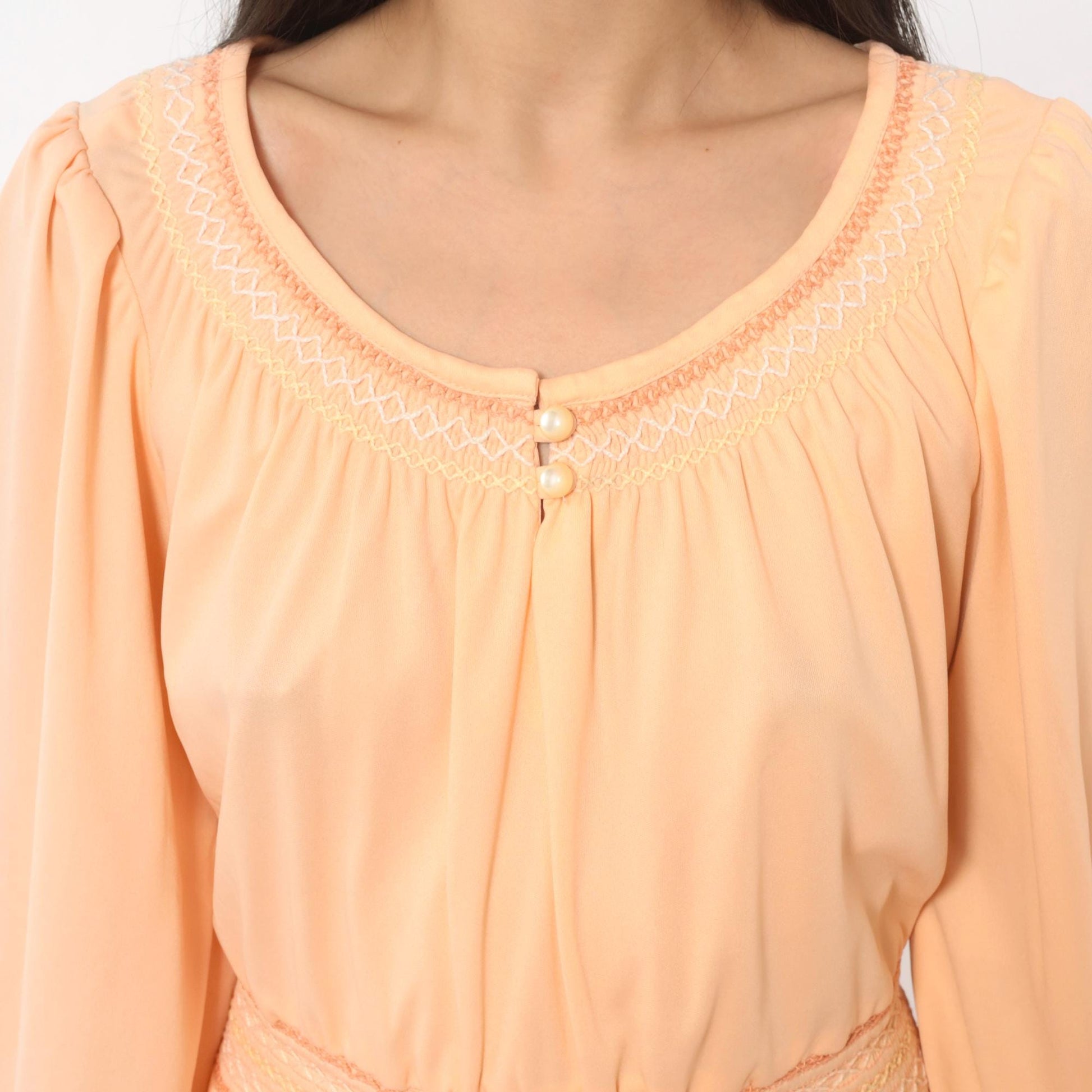 70s Peach Peasant Dress Puff Sleeve Smocked Embroidery Knee Length Large L