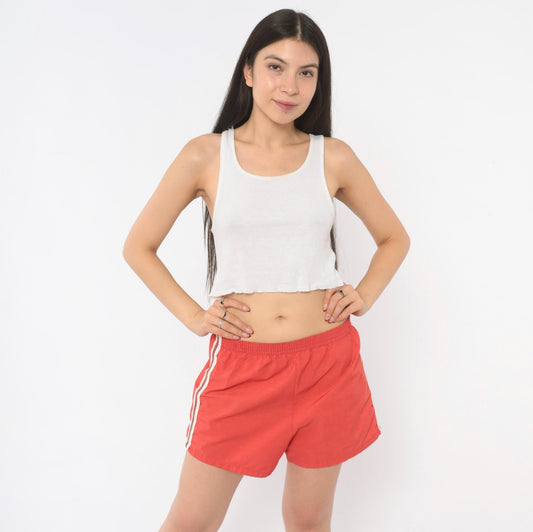 80s Red Athletic Running Shorts Cotton Side Stripe White Trim Extra Small XS
