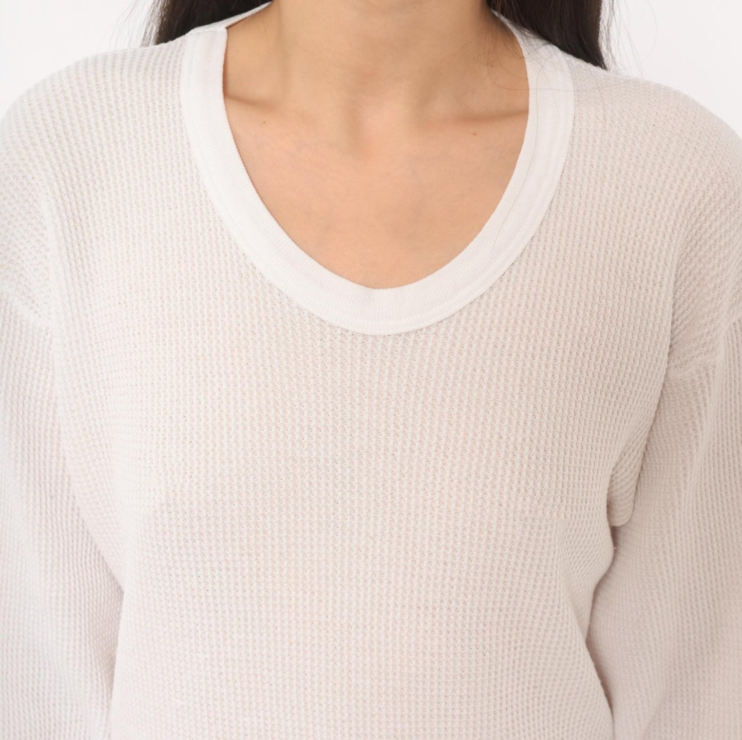 90s Waffle Knit Thermal Ivory Scoop Neck Long Sleeve Cotton Tee Large