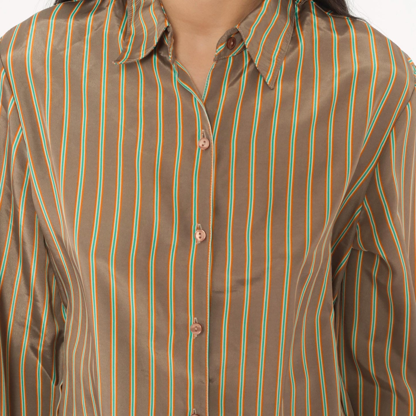 80s Jebb Levy Striped Button-Up Shirt Tan Teal Yellow Pinstripe Medium